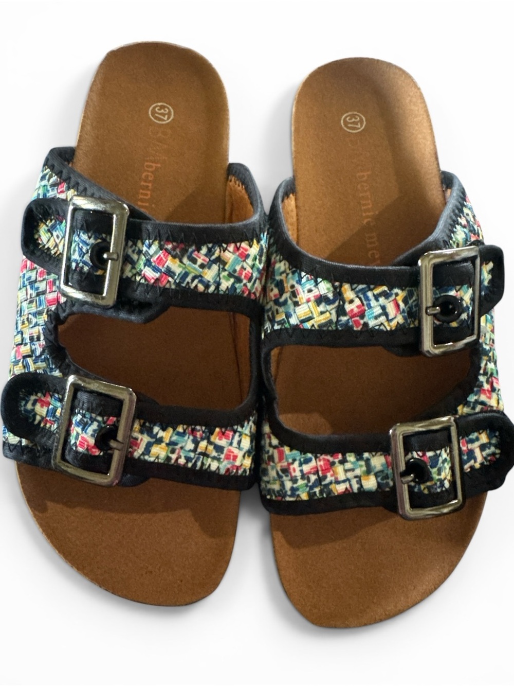 New Bernie Mev. Multicolor Tweed Double-Buckle Slide Sandals SZ EU 37